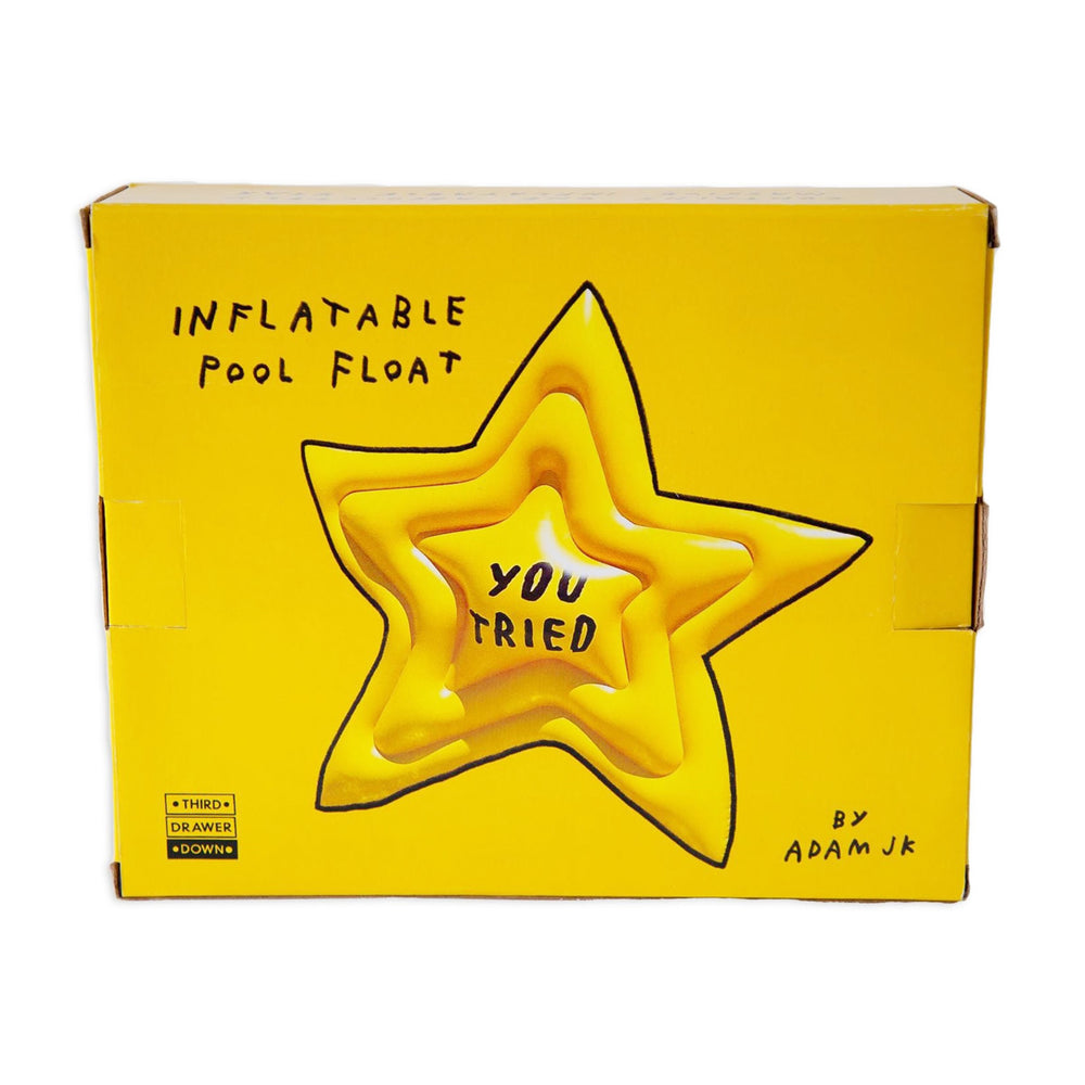 Box package – Star shaped pool float says YOU TRIED in Adam's handwriting
