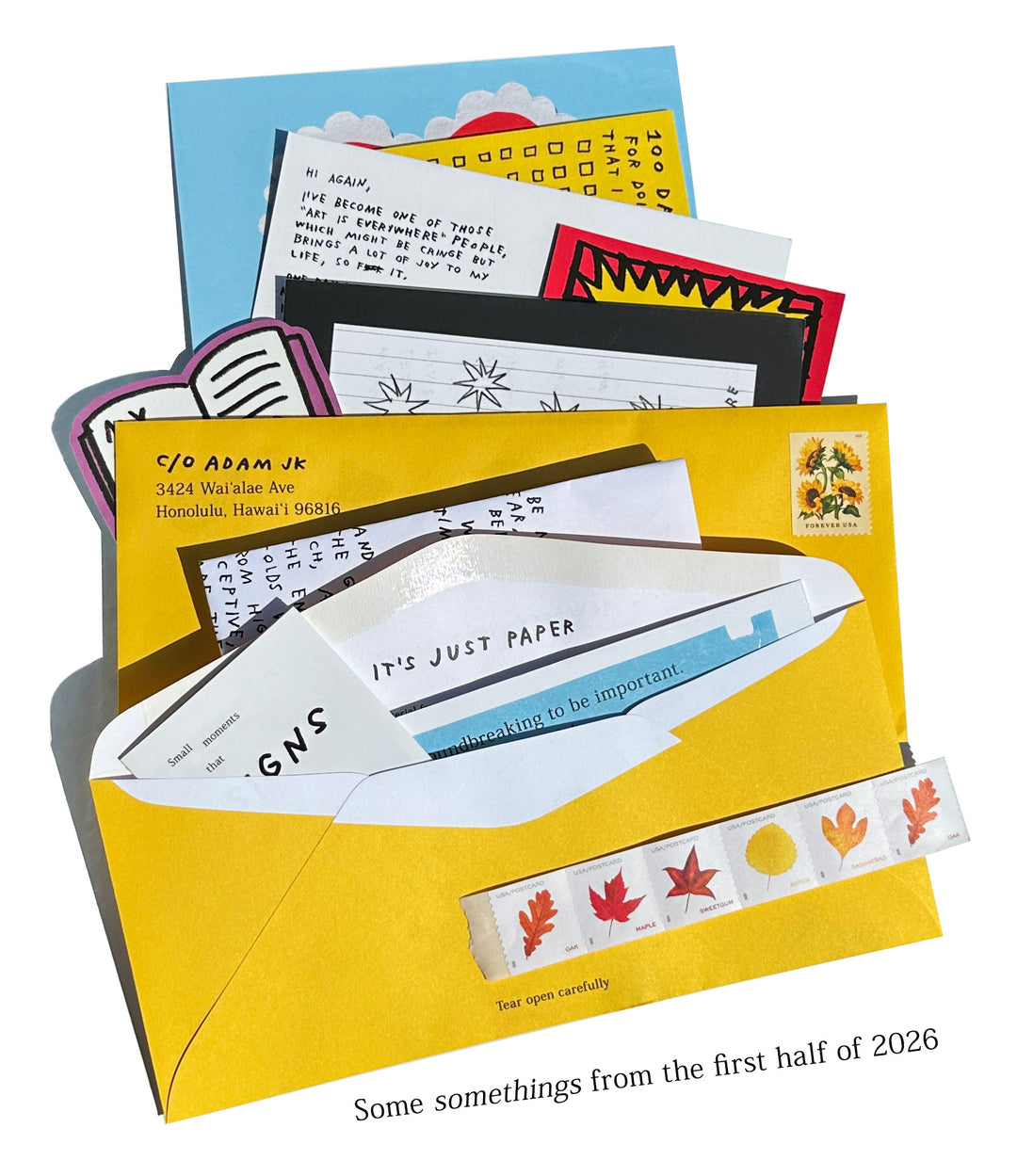 A collage-style product image showing several colorful envelopes and paper mail items fanned out on a white background. Visible items include a bright yellow envelope with a white airplane cutout and printed text, a blue envelope, a black-and-red patterned sheet, and other handwritten and illustrated paper pieces.