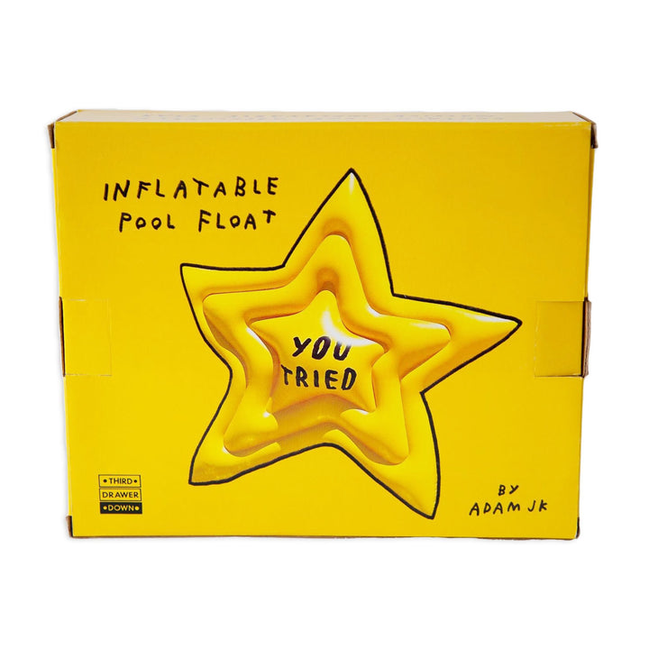 Box package – Star shaped pool float says YOU TRIED in Adam's handwriting 