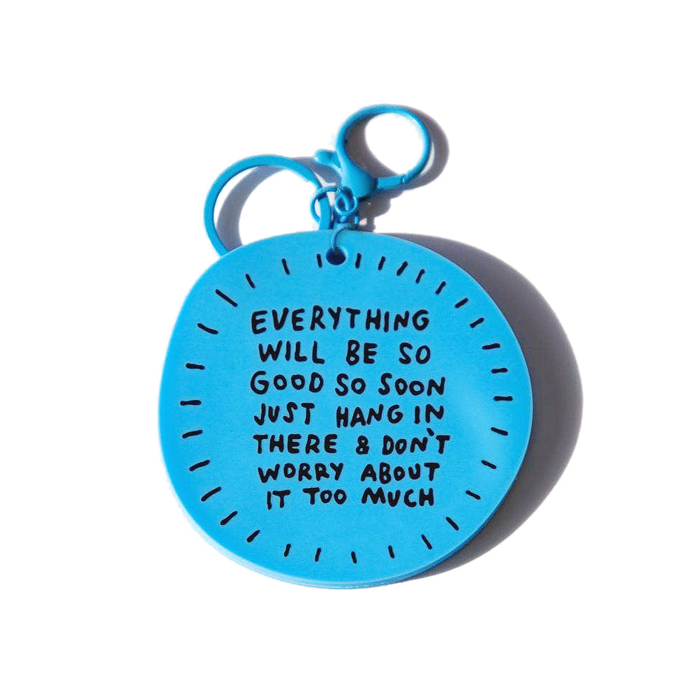 Blue keychain with "EVERYTHING" quote by Adam JK on a white background
