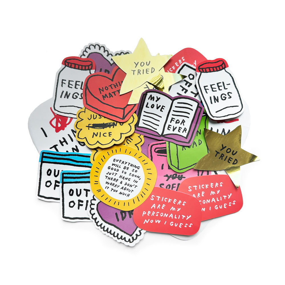 pile of sticker designs by adam jk