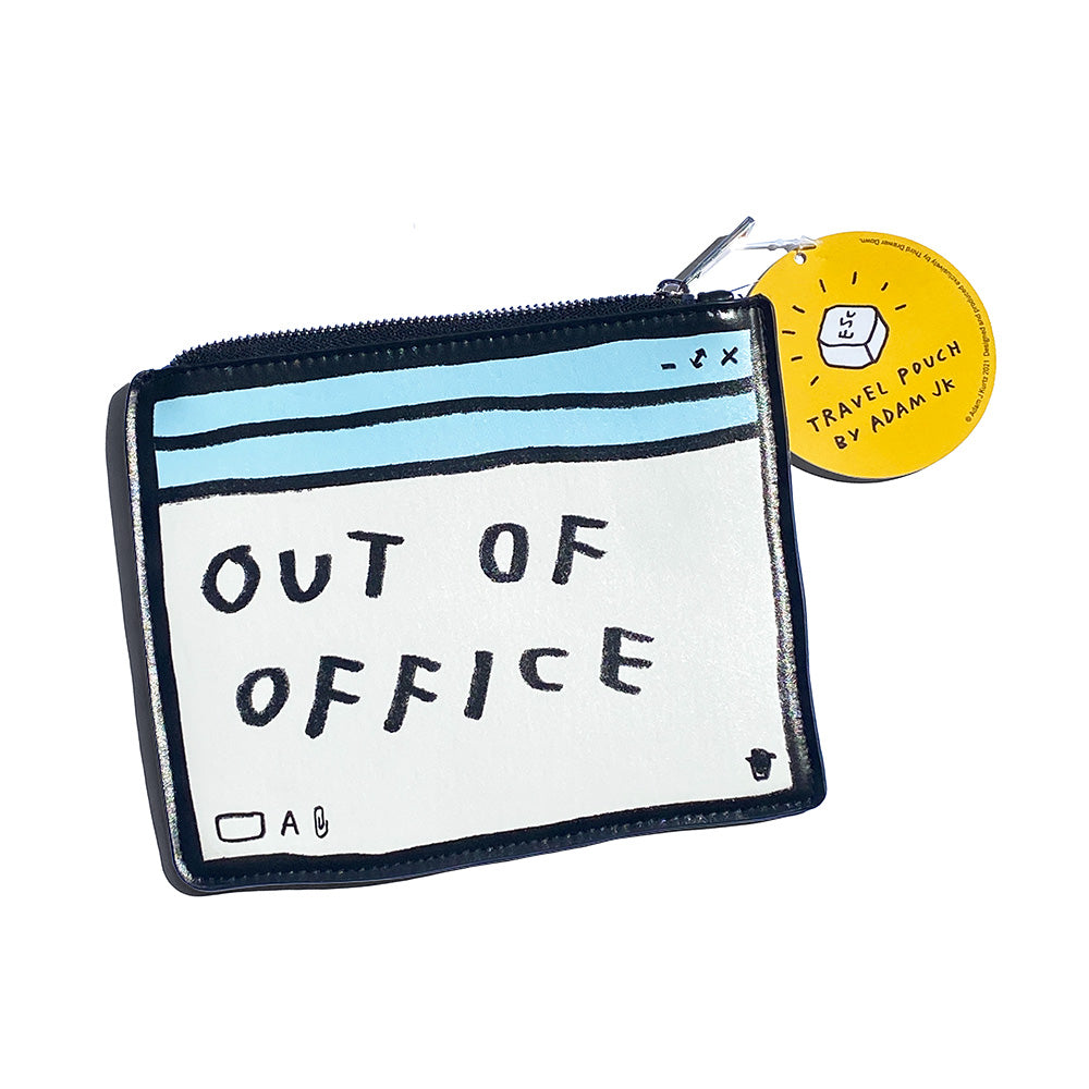 Photo of Out Of Office Travel Pencil Pouch and packaging by Adam JK for Third Drawer Down @AdamJK Adam J. Kurtz