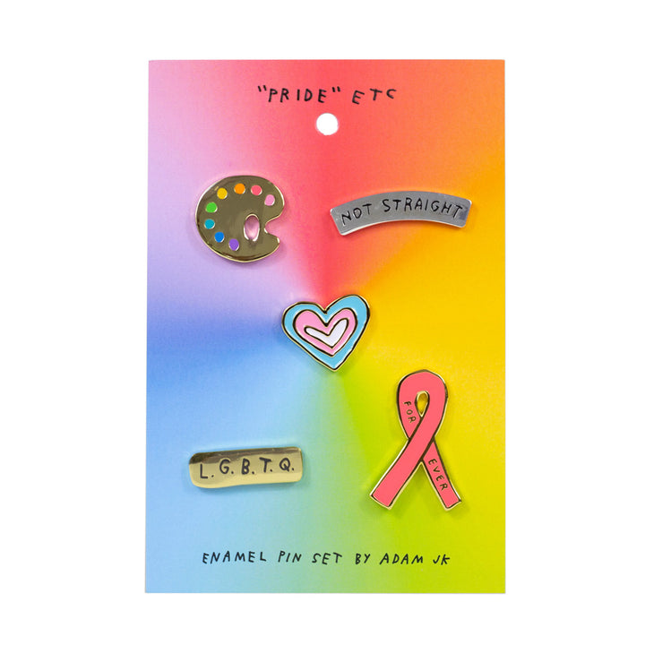 Adam JK Pride Pin Set includes five pin designs on a rainbow printed card